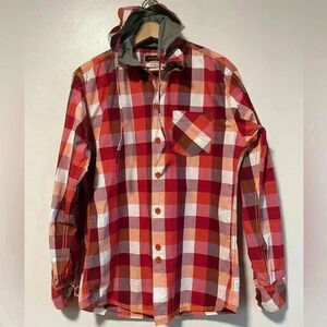 Tanjim Red & Orange Checked Plaid Hooded Button Up Shirt Jacket - Size Large